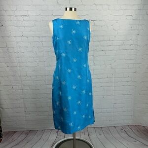 Cynthia Howie Maggie Boutique Blue w/Embroidered Palm Trees Silk Sheath Dress 10